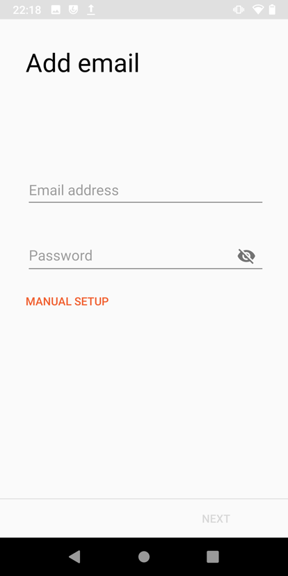 Add mail screen showing empty login and password fields