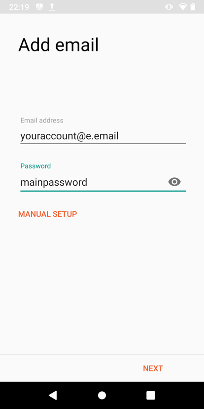 Add mail screen showing filled login and password fields